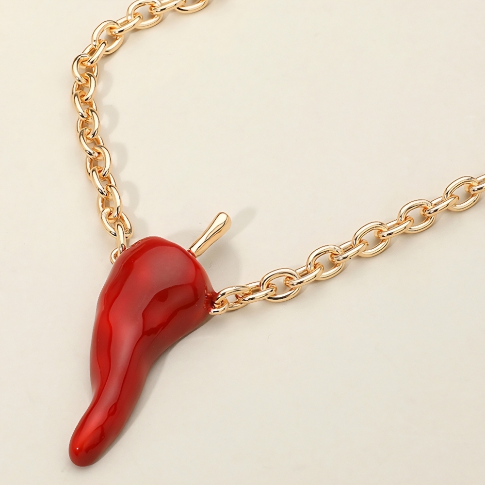 Bold Enamel Chili Pepper Pendant Gold Tone Necklace